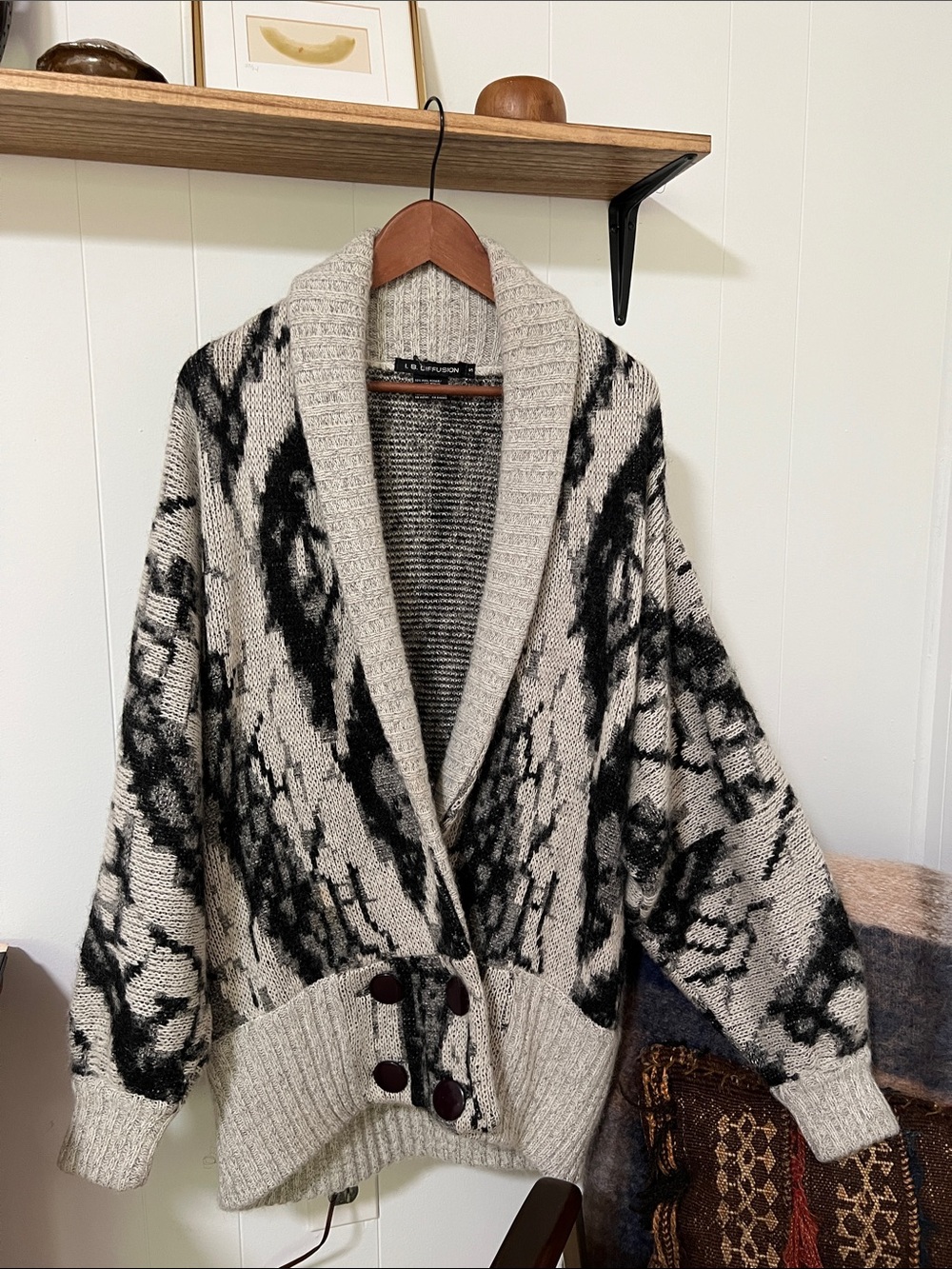 Wool Shawl Collar Knit Cardigan Sweater - Black & Cream Size S (fits like L)